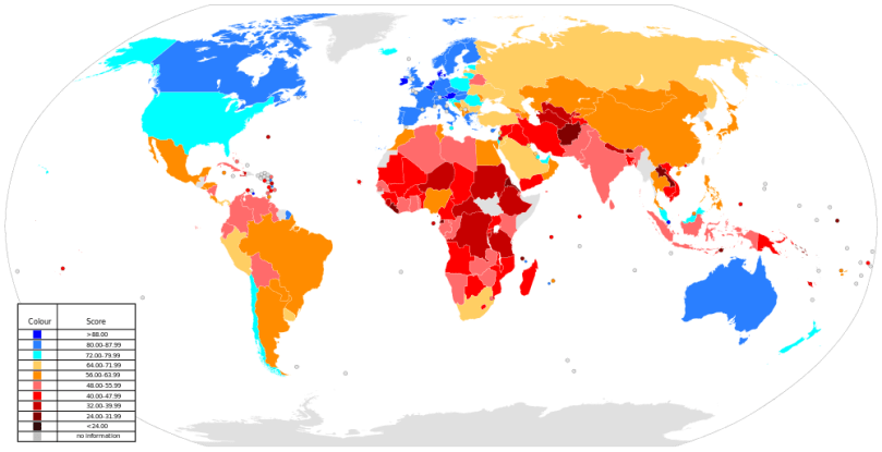Der Globalisierungs-Index des KOF (Autoren: NuclearVacuum, Spesh531, CC BY-SA 3.0).